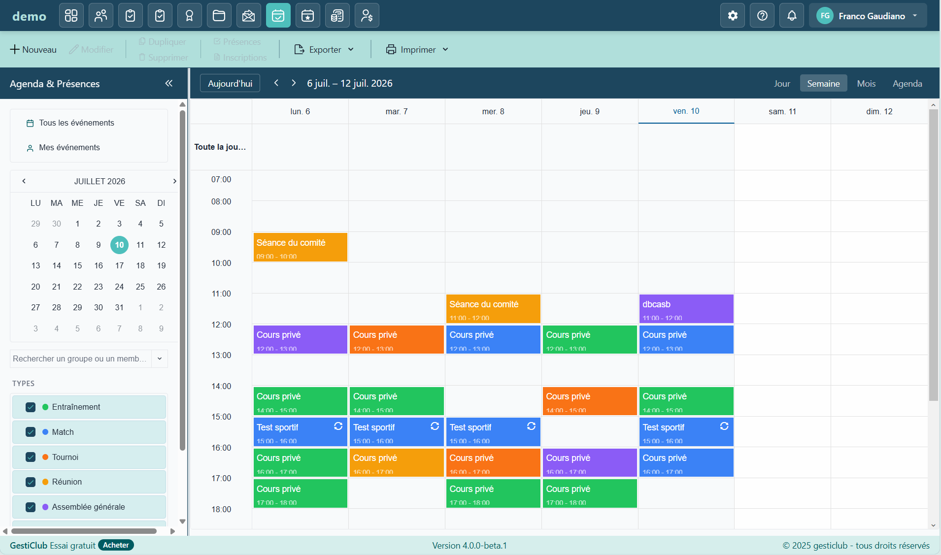 Module Agenda & présences dans GestiClub V4